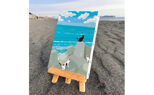 湘南・茅ヶ崎で描く、海を感じるイラストアート 『 湘南ランドスケープ10：午後の集会、俺たちの海 』　キャンバスアートパネル（小） /絵画 風景 犬 猫