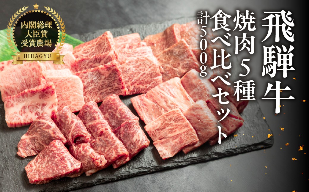 
                  飛騨牛 焼肉 5種 食べ比べセット（各100g）計500g （カルビ・肩・モモ・ロース・トモサンカク）焼肉用 焼き肉 牛肉 ブランド牛  お肉 肉 牛 おすすめ 飛騨萩原畜産【真空冷凍】
                