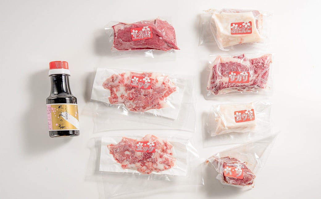 【桜屋】馬刺し6種【赤身・サガリ・ハツ・フタエゴ・コウネ（タテガミ）・馬ユッケ】540g（専用醤油付き150ml×1本）