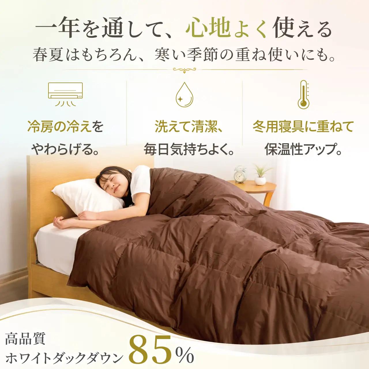 【春夏用】洗える羽毛布団 ダブル 肌掛け ダウン 夏 春 ホワイトダックダウン 85% 0.5kg (無地 ブラウン)