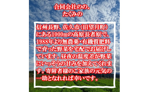 【5ヶ月定期便】旬の野菜7種『たくみのほほ笑みセット』（2025年7～12月出荷／北海道・九州・沖縄県・離島は配送不可） 旬彩 長野県 信州 おまかせ 高原  産地直送 季節 詰合せ 有機 栽培