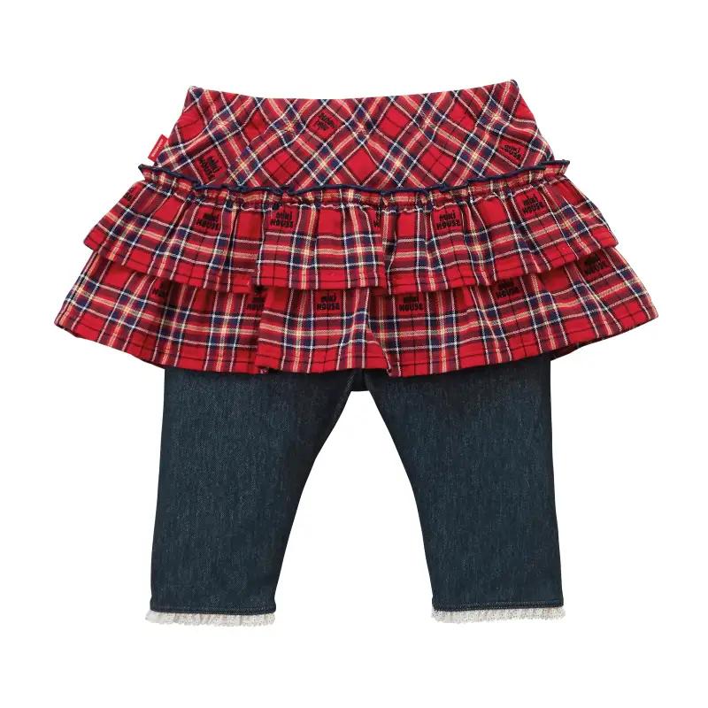 【ミキハウス】チェックスカート付き8分丈パンツ　赤・90cm　（48-13-R-90）こども 子ども服 子ども 子供 子供服 播州織 mikihouse ミキハウス