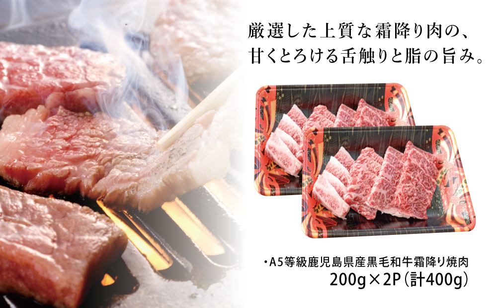 【鹿児島県産】A5等級 黒毛和牛 霜降り焼肉用 400g 牛肉 焼肉 BBQ お肉 小分け 冷凍 カミチク 南さつま市