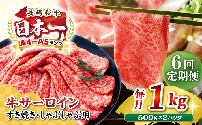 【全6回定期便】【厳選部位】【A4〜A5ランク】 長崎和牛 サーロイン スライス 1kg（500g×2パック）（すき焼き・しゃぶしゃぶ）《壱岐市》【株式会社MEAT PLUS】肉 牛肉 黒毛和牛 鍋 ご褒美 冷凍配送 [JGH085]