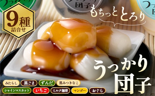 
                  もちもちとろり！うっかり団子の9種類詰合せ ｜ だんご 団子 和菓子 スイーツ 和スイーツ デザート グルメ セット ギフト プレゼント 玄印 みたらし ずんだ 黒ごま 黒みつきなこ シャインマスカット いちご ミルク珈琲 マンゴー おぐら ※離島への配送不可
                