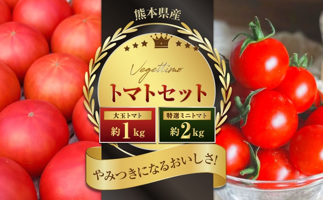 
            Vegettimoトマトセット 大玉トマト1kg＋特選ミニトマト2kg（熊本県産） 【2026年1月下旬発送開始】 甘い 野菜 爽やか 濃厚 真っ赤 フルーツトマト とまと 国産 常温
          