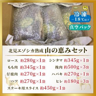 北見エゾシカ 熟成肉山の恵みセット ( 肉類 肉 国産 鹿肉 熟成 詰め合わせ ロース しんたま 内もも ステーキカット肉 ハバキカット ハツ ヒレ ステーキ用スライス )【025-0030】