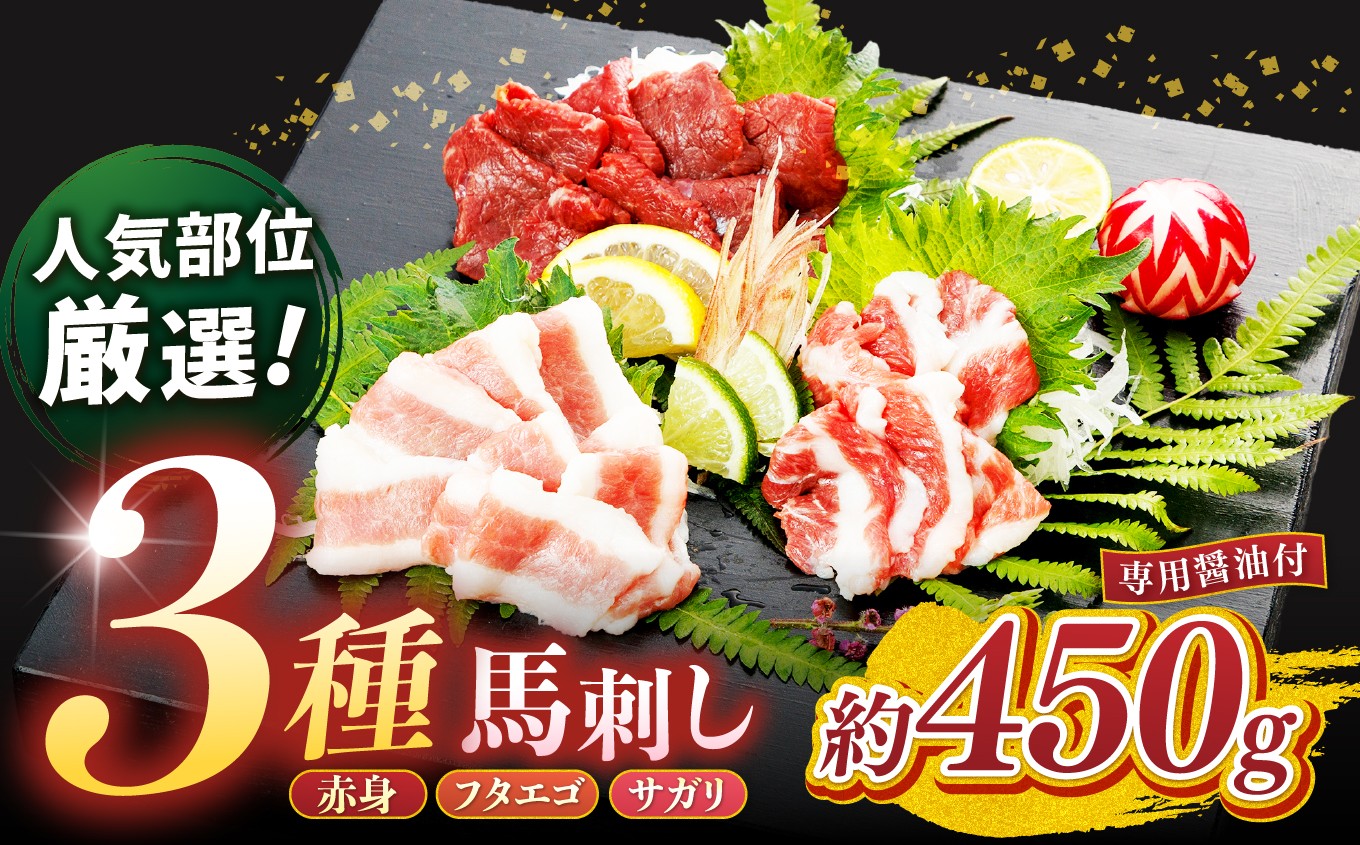 
            馬刺し 3種 【 赤身 ・ フタエゴ ・ サガリ 】 450g   | 熊本県 熊本 くまもと 和水町 なごみまち なごみ 馬肉 馬刺し 450g セット 食べ比べ 冷凍 ブロック 真空パック
          
