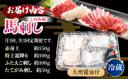 【3回定期便】鮮度抜群！冷蔵お届け 特上含む 馬刺し このみ桜プレミアム4点セット 計400g 赤身(150g) 特上霜降り(100g) ふたえご刺し(100g) たてがみ刺し(50g)【馬庵このみ】