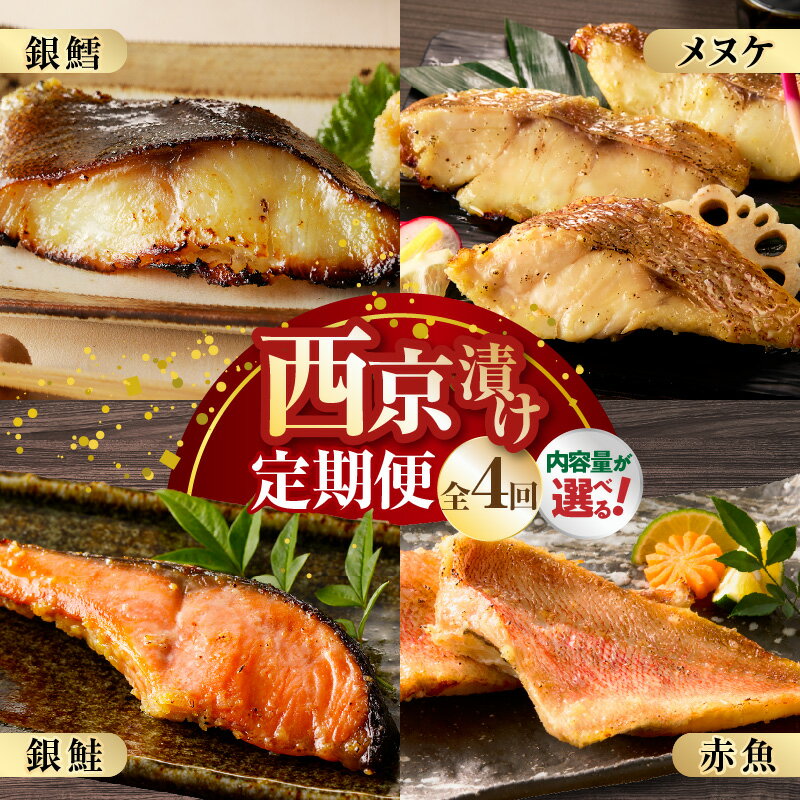 【ふるさと納税】4種の西京漬け 食べ比べ 定期便 全4回 選べる コース お楽しみ 大満足 銀鱈 銀鮭 メヌケ 赤魚 小分け 熟成 西京味噌 西京焼き 西京漬け 魚 おかず 弁当 冷凍 和食 惣菜 普段使い 毎月配送コース 大阪府 泉佐野市 送料無料