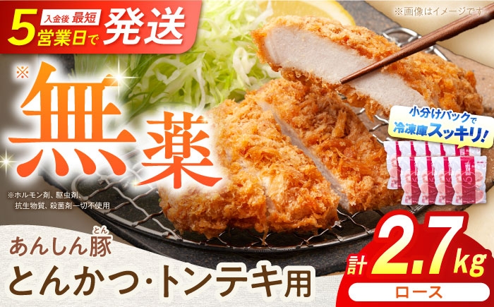 
            あんしん豚 とんかつ ・ トンテキ用 ロース 2.7kg（3枚入×9袋）豚肉 豚ロース ぶたろーす ブタロース とんかつ用 トンテキ用 厚切り ブランド豚 無薬 無薬育ち 薬不使用 ぶた肉 冷凍肉 人気 おすすめ ランキング 豚肉セット 国産豚 こくさんぶた 国産 おいしい ヘルシー 赤身  小分け トンカツ とんてき 冷凍 3万3千円 33000円 白川町 / 藤井ファーム [AWAF066]
          