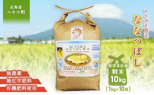 《数量限定先行受付！令和7年産米》合鴨農法ななつぼし 【胚芽米仕様精米】【有機肥料/無農薬・無化学肥料･備蓄用】令和7年度米 正味10kg(1kg×10袋) 水田環境鑑定・米食味鑑定士鑑定米【Yesclean農法認定品】【3114102】