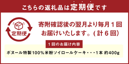 【6ヶ月定期便】ボヌール特製 100％米粉 ソイロールケーキ 1本 約400g ロールケーキ ケーキ スイーツ 米粉 小麦不使用 牛乳不使用 グルテンフリー 無添加 洋菓子 お菓子 おやつ 冷凍