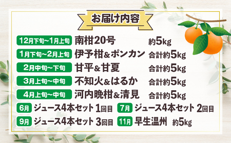 定期便 9回 南柑20号 5kg 伊予柑 ポンカン 計5kg 甘平 甘夏 計5kg 不知火 はるか 計5kg 河内晩柑 清見 計5kg ジュース 4本×3回 早生温州 5kg ヨシファーム 果物 フル