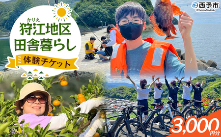 ＜狩江地区田舎暮らし体験チケット（3,000円分）＞ 田舎 体験 自然 旅 旅行 トラベル 観光 レジャー アウトドア アクティビティ Eバイク 家業体験 収穫 漁業 農業 料理体験 郷土料理 特産品 かりエンジョイ 愛媛県 西予市『4月以降に発送開始』 AKK0005