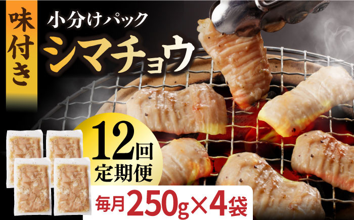 
            【全12回定期便】【塩だれ】九州産和牛 ホルモン シマチョウ 1kg（250g×4袋）長与町/岩永ホルモン [EAX107] ホルモン焼き 国産 牛肉 ホルモン シマチョウ 小分け 味付き 冷凍 焼肉 焼き肉 和牛 塩 しお 牛 定期便 ていきびん 定期
          