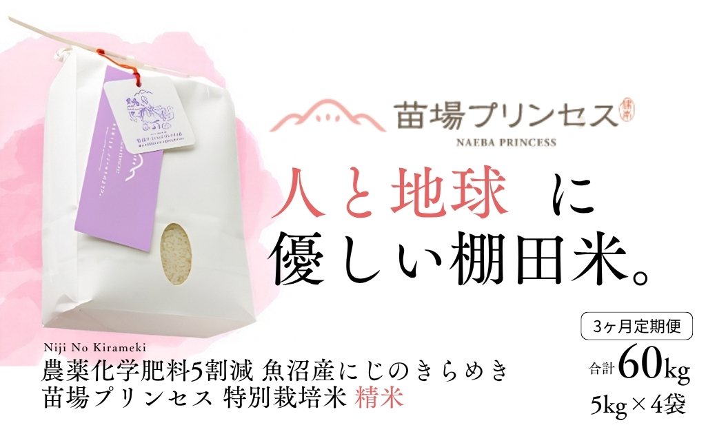 【令和8年産先行予約】【3ヶ月定期便】【農薬化学肥料5割減】魚沼産にじのきらめき苗場プリンセス特別栽培米 精米20kg(5kg×4)計60kg | 苗場プリンセス米 おすすめ 人気ギフト 新潟県 津南町