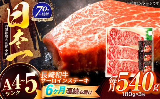 【6回定期便】長崎和牛 サーロインステーキ 180g×3枚【株式会社田中精肉店】 [OCA013]