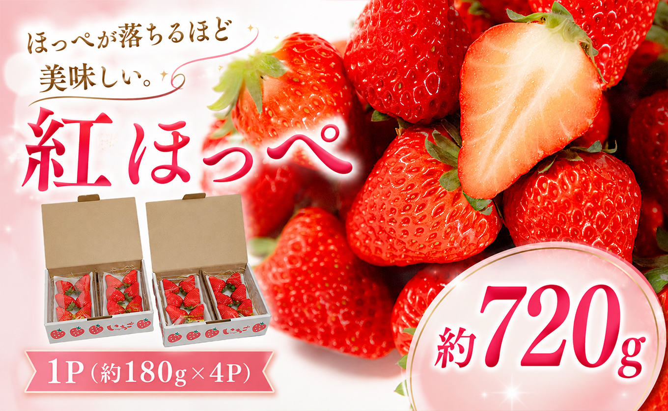 いちご 紅ほっぺ 合計約720g 苺 イチゴ ストロベリー 720g 生いちご 果物 フルーツ くだもの 旬 朝採れ とれたて 新鮮 期間限定 ご褒美 直送 贈答 贅沢 プレミアム 人気 いちご大福 