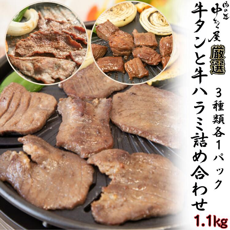 【ふるさと納税】牛タンと牛ハラミの味付肉詰め合わせ1.1kg ＜肉の匠 中むら屋厳選＞ 牛タン 牛ハラミ お肉 新着 牛肉 肉 焼肉 たんもと たんなか ハラミ タン先 塩牛タン 冷凍 真空パック 味付け肉 新着