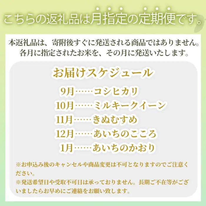 【先行予約】令和8年産　お米の食べ比べ定期便（1箱6kg×5ヶ月） ／ 米 食べ比べ 定期便 銘柄米 白米 高級米 コシヒカリ ミルキークイーン あいちのこころ きぬむすめ あいちのかおり 国産米 ご