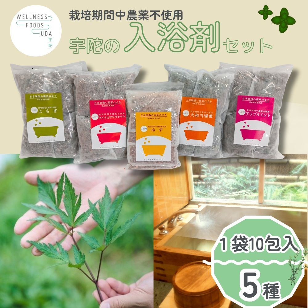 【ふるさと納税】入浴剤 5種類×各10個入 / ウェルネスフーズ UDA ふるさと納税 無添加 有機栽培 おすすめ リラックス ストレス 肌荒れ改善 疲労回復 送料無料 ゆず 生姜 よもぎ ミント 大和当帰 薬草 ハーブ
