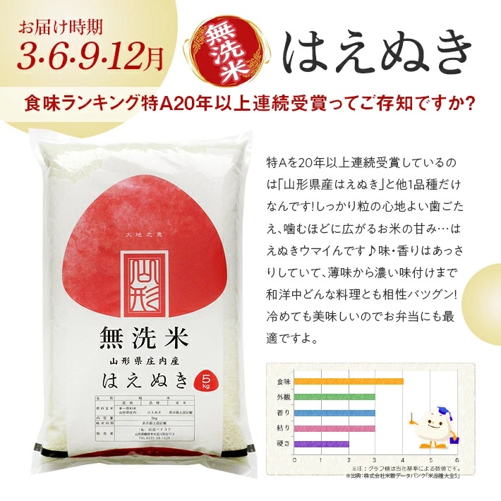 【定期便】無洗米3銘柄定期便 5kg×12ヶ月連続 計60kg(12月～11月) つや姫 雪若丸 はえぬき