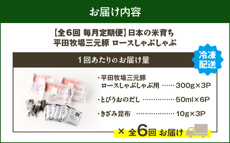 【 全6回 毎月 定期便 】 日本 の 米育ち 平田牧場 三元豚 ロース しゃぶしゃぶ T036-T01-02 定期 肉 お肉 にく 豚 豚肉 ブタ ぶた 鍋 お鍋 黒豚 冷凍 バークシャー種 特別品