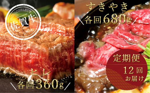 
【定期便：12回】佐賀牛ひれステーキ360g&すき焼き用680g
