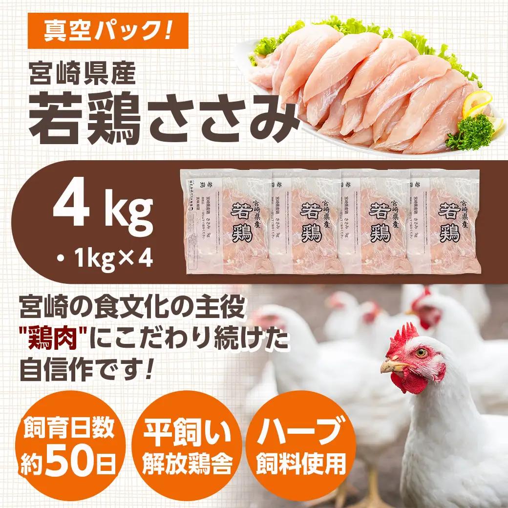 宮崎県産若鶏 ささみ(4kg)〔11-G301〕_(都城市) 若鶏 鶏肉 真空 ささ身 平飼い ハーブ やわらかく ふっくら ジューシー 冷凍 便利 保水性 やわらか 冷凍 便利 保水性 やわらか ふ