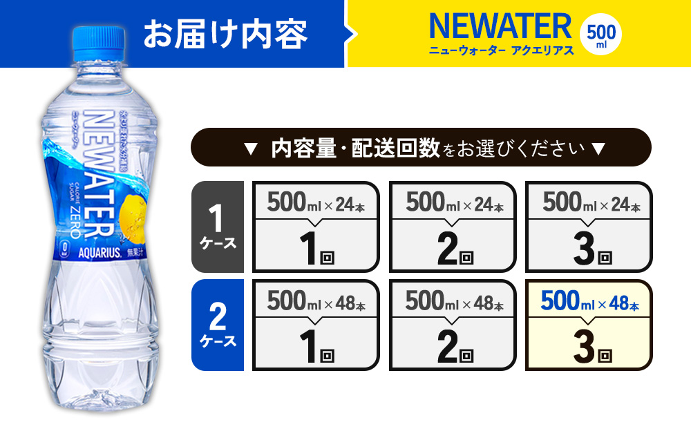 【3回定期便】アクエリアス ニューウォーター 500ml PET【コカ・コーラ】ペットボトル 2ケース(48本) 定期便 3回(144本) セット スポーツドリンク スポドリ カロリーゼロ 熱中症対策