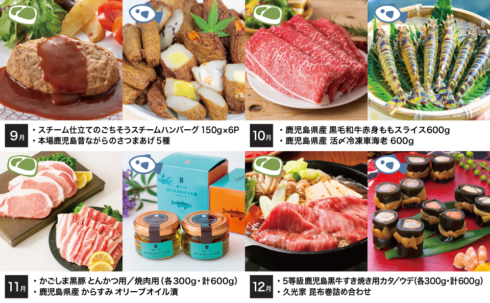 【定期便】海幸山幸 エクストラ厳選 定期便（全12回） お肉 お魚 豚肉 牛肉 黒豚 鹿児島黒牛 すき焼き サーロイン ステーキ しゃぶしゃぶ 角煮 鰻 蒲焼 刺身用 たかえび 薩摩甘えび 海老 マグ