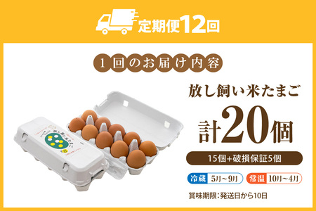 【12か月定期便】放し飼い米たまご15個+5個保証（計20個）農家直送 新鮮 卵 タマゴ 赤卵 玉子 鶏卵 朝食 夕食 夜食 朝ごはん たまご焼き オムレツ 卵ご飯 料理 濃厚 飼料にこだわった 卵か
