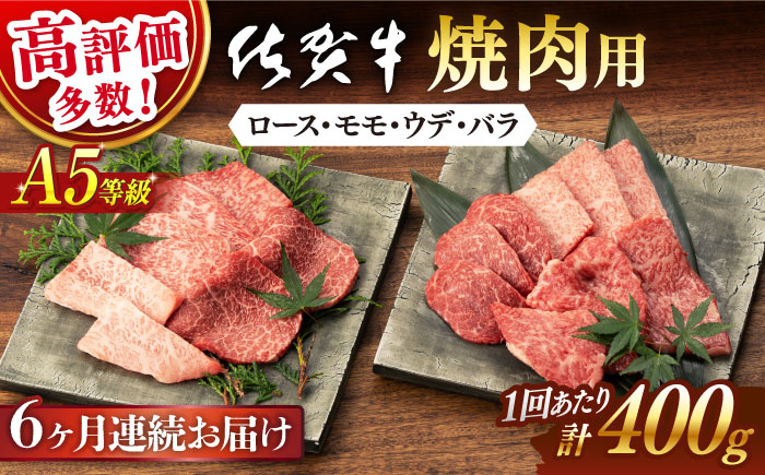 【6回定期便】 佐賀牛 A5 焼肉用 厳選部位 (ロース・モモ・ウデ・バラ) 400g (総計 2.4kg) / 佐賀牛 佐賀県産黒毛和牛 牛肉 焼肉 焼き肉 BBQ バーベキュー キャンプ【桑原畜産】 [NAB030]