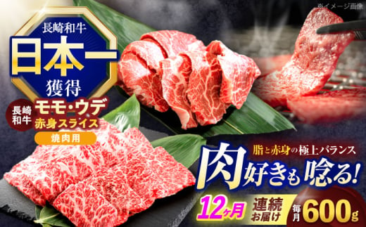 【12回定期便】長崎和牛 焼肉用 赤身スライス600g (モモ・ウデ 各300g)【株式会社 黒牛】 [OCE099] / 牛肉 九州 肉 すらいす