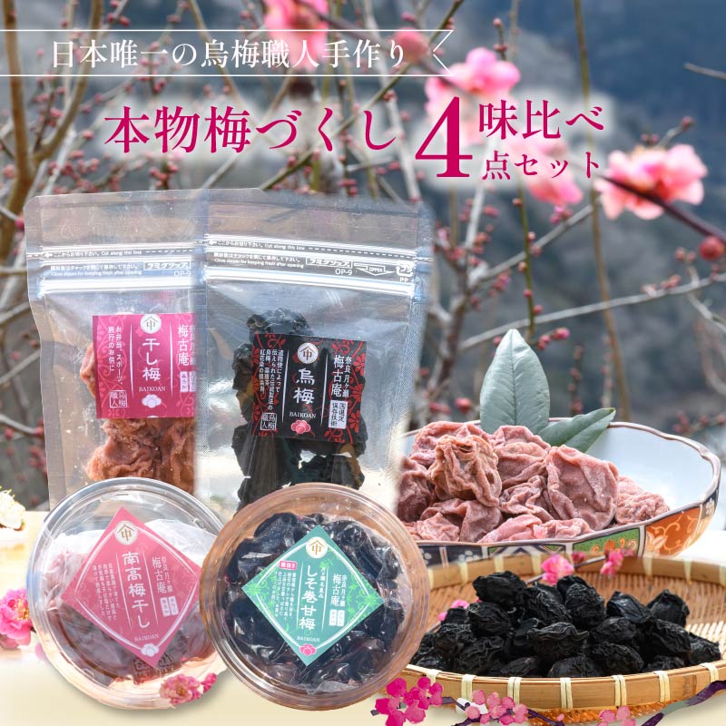 梅干し 梅づくし 4点セット 無添加 食べ比べ 干し梅 梅 梅干し 南高梅 うめ 梅干 漬物 漬け物 ご飯 白米 白飯 お弁当 おかず ご飯のお供 ごはんのお供 おつまみ おやつ お茶 梅茶 うばい 薬膳 お茶漬け 奈良県 奈良市 I-147
