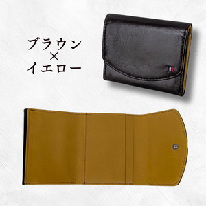 牛革　ミニ財布　ステッチB（ブラウン×イエロー） ／ 財布 サイフ さいふ ミニ財布 イタリア 革 革製品 牛革 レザー 革小物 クラフト 送料無料