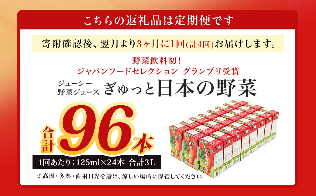 【3ヶ月毎4回定期便】ジューシー 野菜ジュース ぎゅっと日本の野菜100％ 125ml×24本