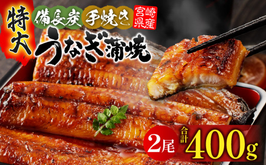 【宮崎県産】特大うなぎ備長炭手焼き蒲焼2尾(400g) ｜冬うなぎ 鰻 うなぎ 特大 特大うなぎ ウナギ 国産 宮崎県産 蒲焼 2尾 うなぎの蒲焼 鰻の蒲焼 鰻蒲焼 惣菜 贈答 贈り物 ギフト プレゼント グルメ お取り寄せ 冷凍 真空パック パック 簡単調理 時短料理 湯煎 うな丼 うな重 人気 お取り寄せグルメ 九州 おすすめ 宮崎県 宮崎市 宮崎｜_M159-009