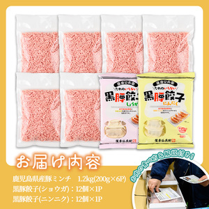豚ミンチ6袋＆黒豚餃子2種詰合せ (豚ミンチ：200g×6P・黒豚餃子(ショウガ)：12個×1P・黒豚餃子(ニンニク)：12個×1P) 鹿児島県産 豚ミンチ 餃子【株式会社南給】A589