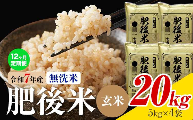 【12ヶ月定期便】熊本県産 肥後米 無洗米 玄米 20kg 1袋5kg 米 お米 令和7年産 九州産 熊本県産 送料無料《お申込み翌月に出荷予定》玄米 無洗米 米---026-3014mo12---
