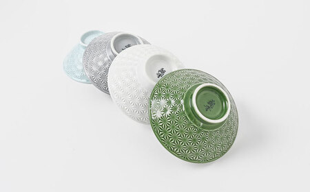 【波佐見焼】平碗 セット 麻の葉紋様（彫り） 青白釉・グレー・白磁・織部色　4色セット【福田陶器店】[PA380]