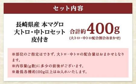 【ふるなび限定】訳あり 長崎県産 本マグロ 大トロ・中トロセット 皮付き 部位おまかせ 計約400g お魚 魚 まぐろ マグロ 鮪 トロ 大トロ 中トロ 養殖 国産 冷凍 お刺身 刺し身 刺身 赤身 