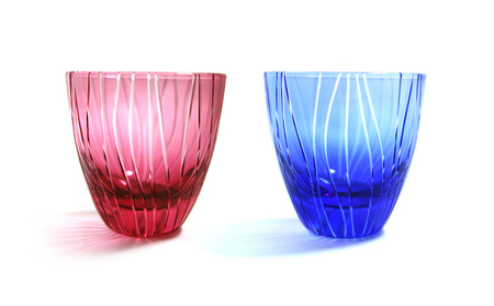 浅草切子 KANA KURITA「ぐい呑 よろけ縞 青藍/金赤」ペアセット 木箱入り_0012-096-T07