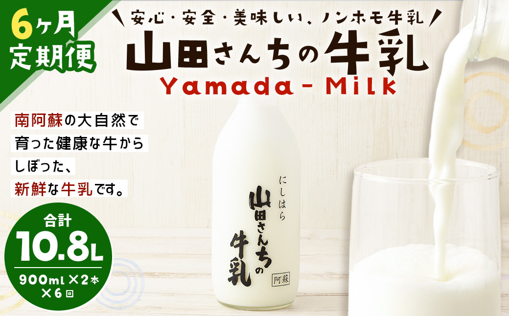 
【6ヶ月定期便】山田さんちの牛乳 2本セット 900ml×2本 計6回 合計10.8L ノンホモ牛乳 牛乳
