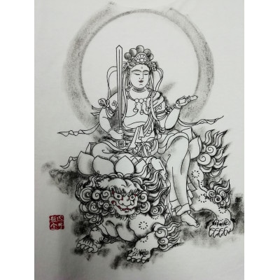 手描きTシャツ 仏画 文殊菩薩 白 (半袖 XLサイズ)【1615175】