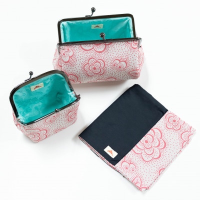 019Y12 一色ちりめん ブックカバー・がま口たわら・がま口角底セット 椿柄ピンク