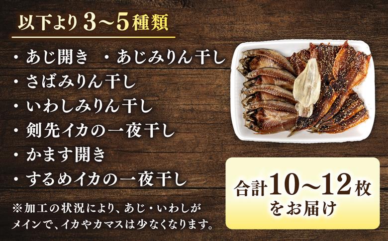 【訳あり】大量干し物セット 10～12枚《壱岐市》【馬渡水産】訳あり 訳アリ あじ アジ いわし イワシ かます カマス いか イカ さば サバ 鯵 鰯 鯖 干物 ひもの 干物セット 冷凍配送 [JAQ039]
