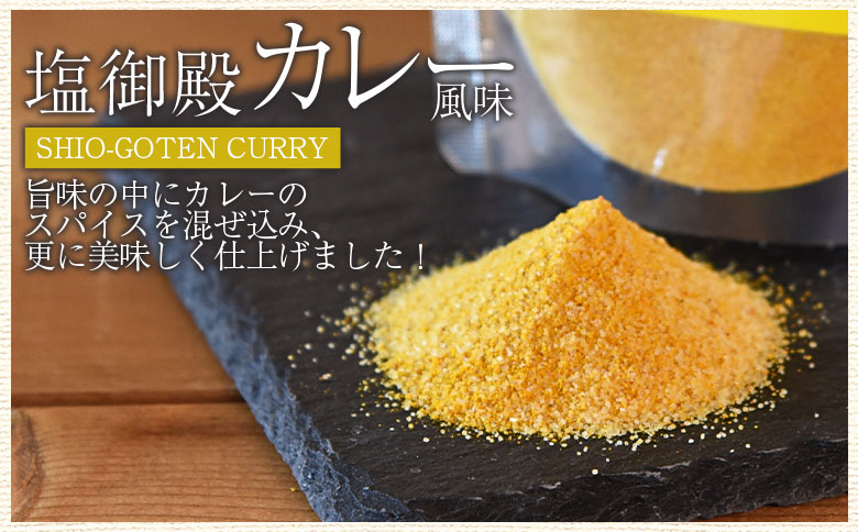 ＜塩御殿 カレー風味 1袋＞ 調味料 しお スパイス 料理 アレンジ 天然塩 万能調味料 ばんのう お試し かける 混ぜる 調理 味付け ニンニク にんにく コショウ 胡椒 唐辛子 旨味 プロ 一流 