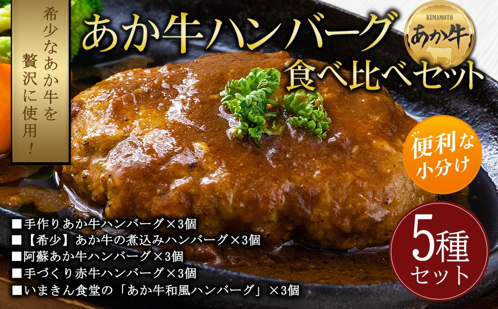 【ハンバーグ】あか牛 ハンバーグ 食べ比べ 5種15個 【ブランド和牛 牛肉 肉 小分け 冷凍 湯煎 時短 調理 簡単 出張 飛行機 贅沢 九州 熊本 阿蘇 熊本県 阿蘇市】